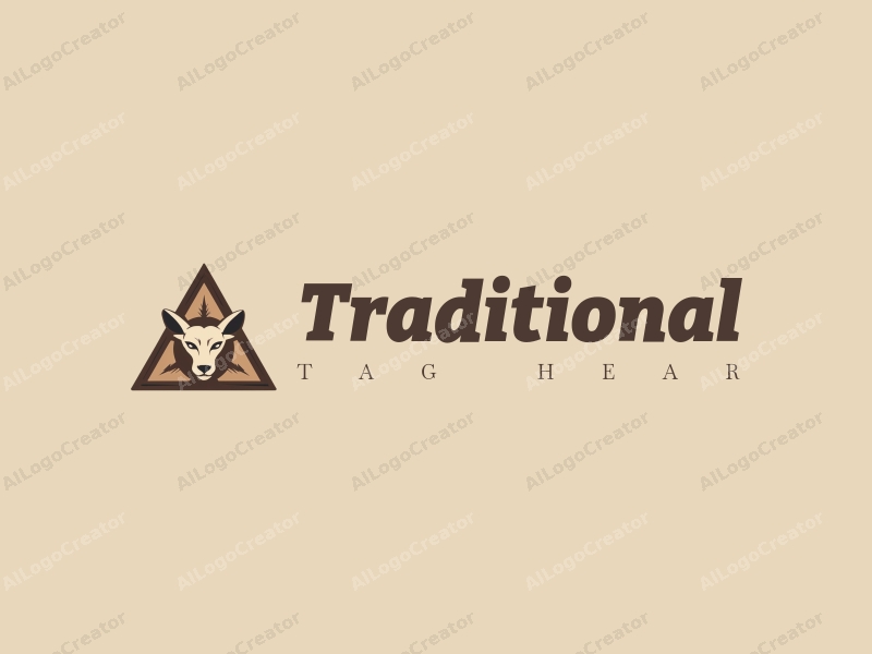 vintage design features a stylized animal shape integrated within a triangle, using a brown and beige color palette, combined with traditional and classic elements against a clean background.