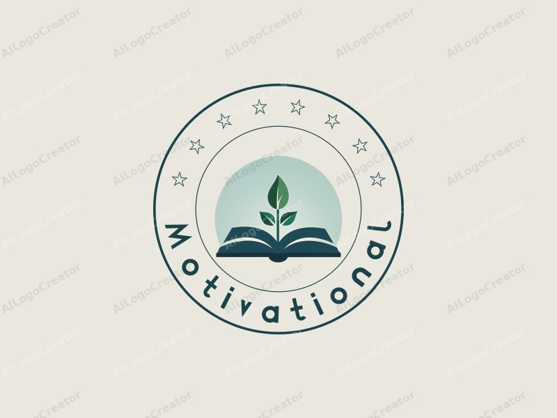 a modern design featuring a stylized book and a seedling, symbolizing growth and inspiration, combined with a clean background in blue and green tones.