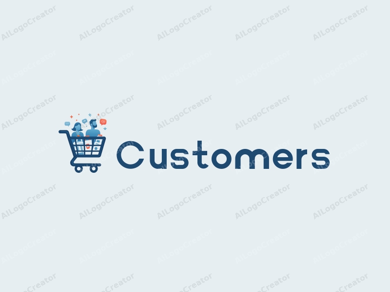 a modern design featuring a stylized shopping cart filled with products, accompanied by abstract representations of customers and shoppers, utilizing a clean and simple composition with a blue color palette.