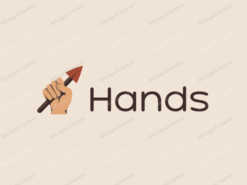 a modern minimalist design featuring a stylized hand holding an arrow, using skin tone colors, combined with a clean background.