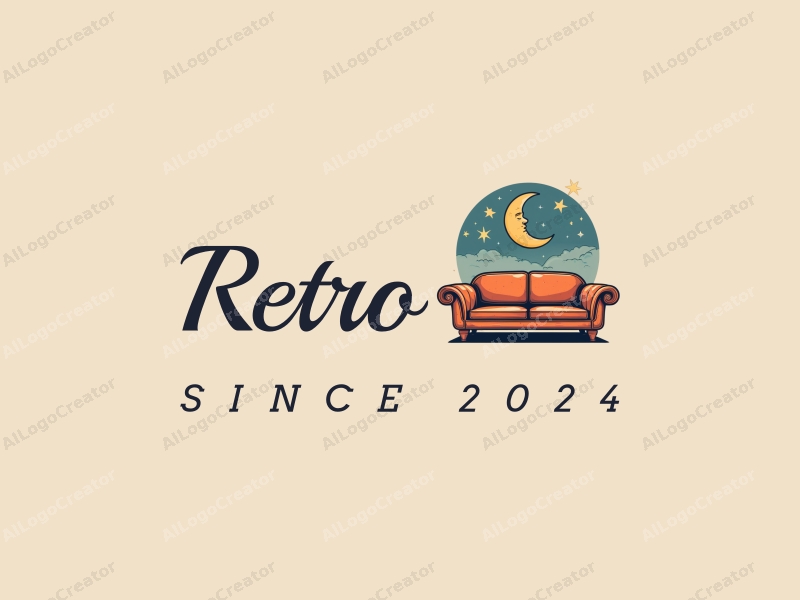 vintage design features a retro sofa and a retro poster, combined with moon and stars elements, set against a clean background.