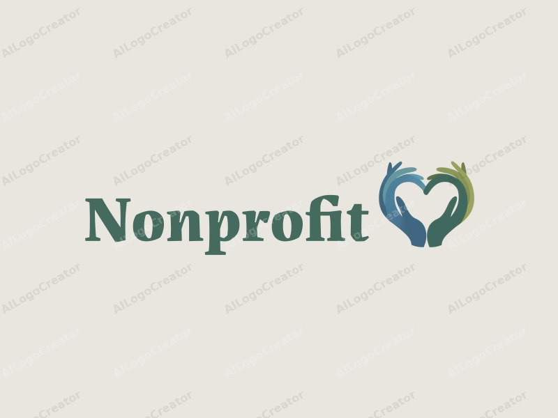 modern minimalist design features a heart shape formed by two hands, symbolizing charity and volunteer work, combined with a clean background in blue and green colors.