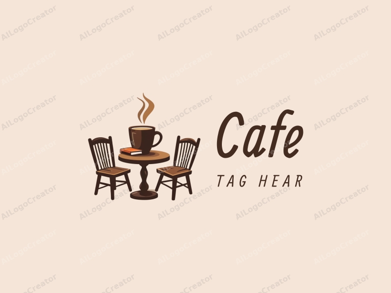 vintage design features a stylized coffee cup, a book, and a cozy table and chair setup, combined with a clean background.