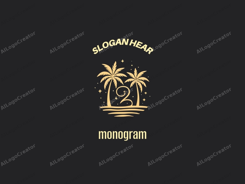 a modern minimalist design featuring stylized letters intertwined with palm trees against a starry sky background, incorporating black and gold elements for a luxurious feel.