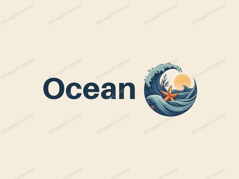 modern design features stylized waves, marine life elements like starfish and coral, combined with a clean background and a harmonious composition.