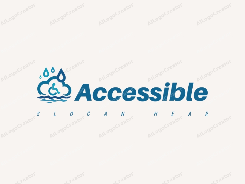 modern design features accessibility elements, stylized water droplets, and clouds, combined with a clean background and a focus on inclusivity.