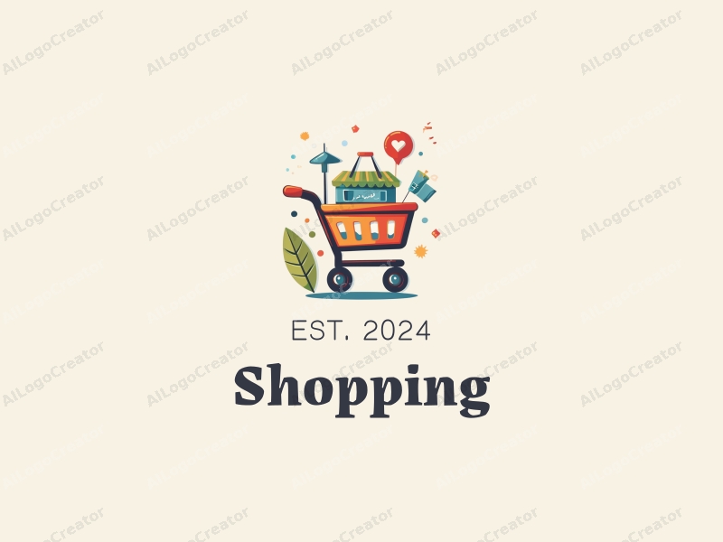 a modern design featuring a colorful shopping cart and a stylized mall, combined with a shopping basket and store elements, all presented in a clean and harmonious layout.