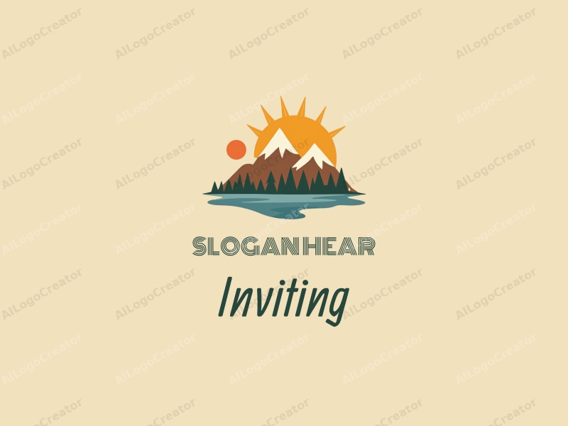 playful design features stylized mountains and sunshine, combined with elements of invitation and welcome, set against a warm-toned background.