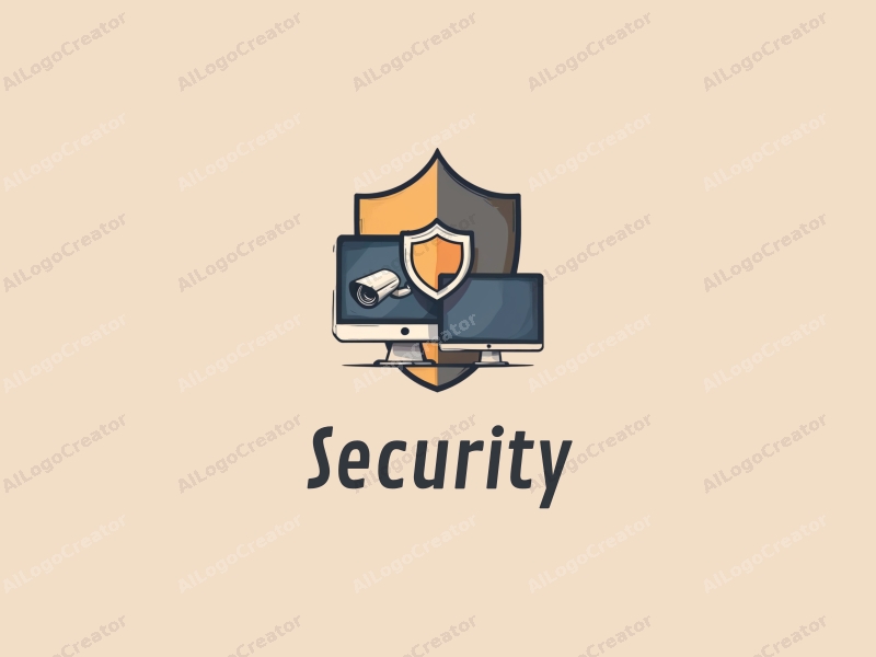 modern design features a protective shield and a stylized surveillance camera, combined with a monitor, using a clean background and a harmonious layout.