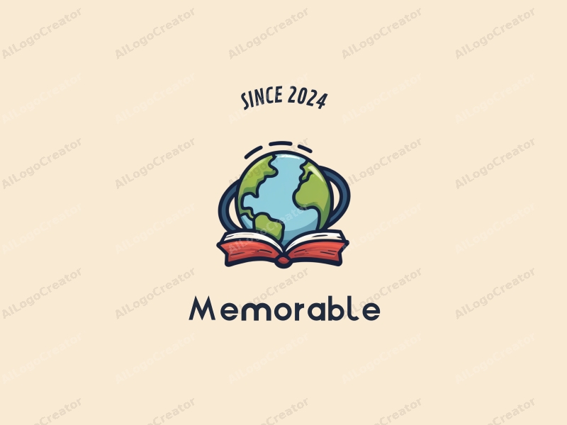 playful design features a stylized book and globe intertwined, representing memories and education, combined with a clean background.