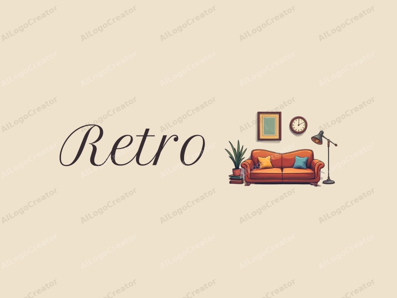 vintage design features a retro sofa, a retro poster, a vintage clock, and classic books, combined with a clean background.