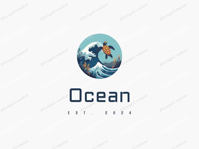 a modern design featuring stylized ocean waves, a sea turtle, and coral elements, combined with a clean background and a harmonious composition.