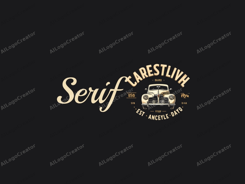 vintage design features elegant serif fonts, a classic car silhouette, and travel-related motifs combined with a clean black background.