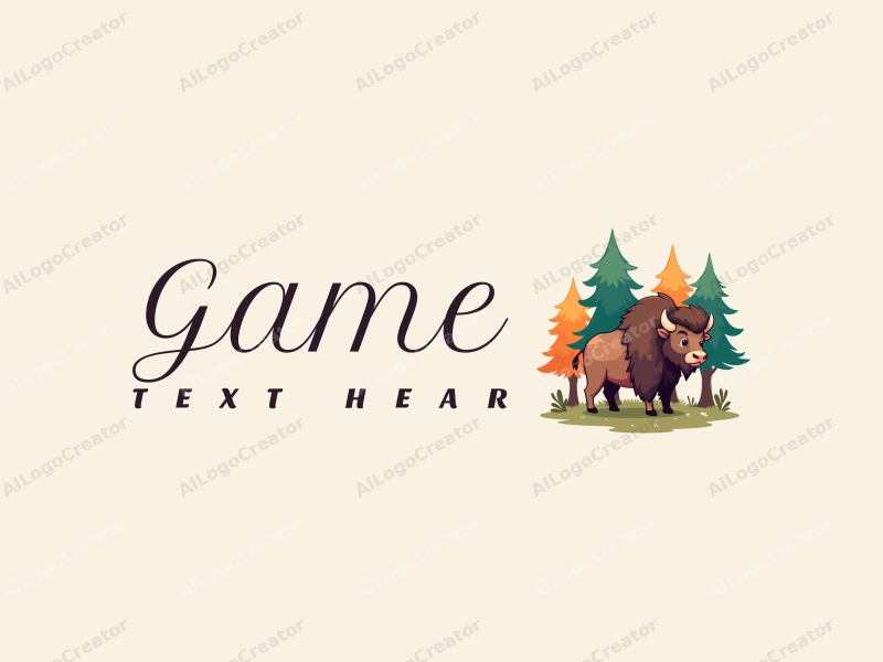 playful design features a stylized bison surrounded by vibrant trees, incorporating elements of games and toys, with a clean and simple background.