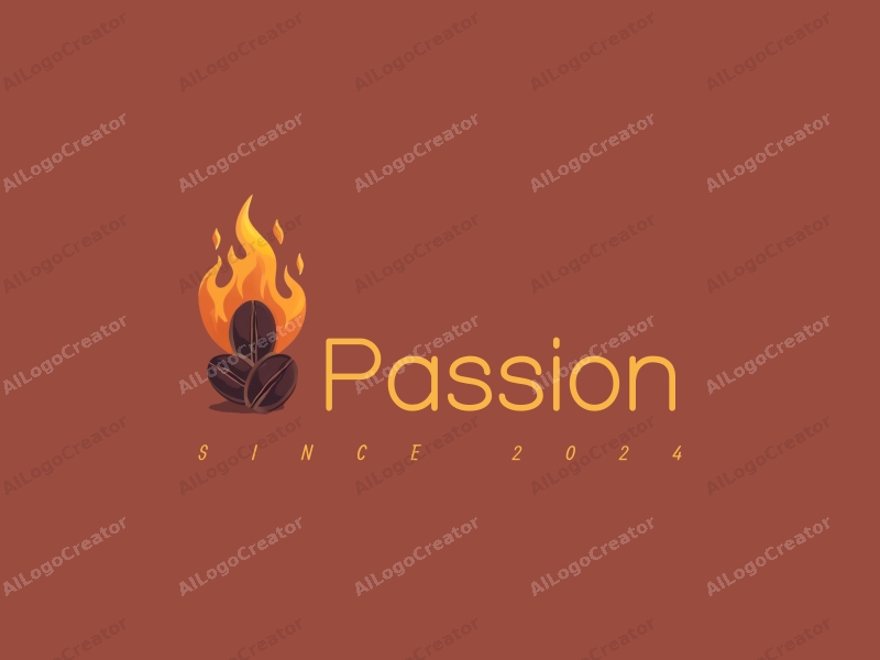 playful design features stylized coffee beans intertwined with flames, embodying passion and enthusiasm, combined with a clean background.