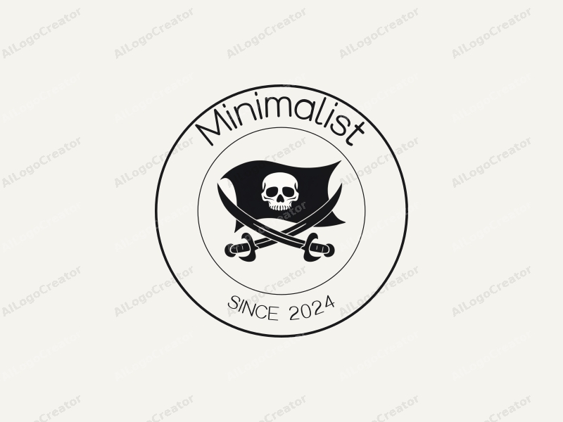 minimalist design features a stylized pirate flag intertwined with clean lines, incorporating storytelling elements, set against a black and white background.