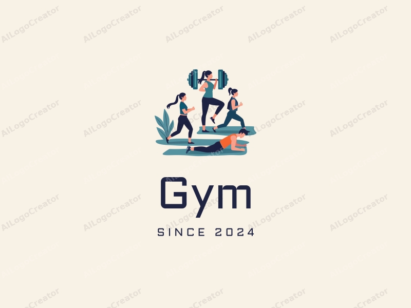 modern design features stylized dumbbells and yoga mats, combined with active individuals in a clean background, emphasizing fitness and movement.