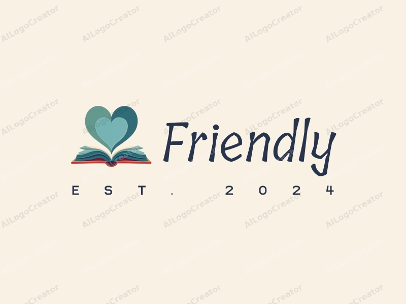 playful design features a heart shape intertwined with an open book, using blue and green colors, creating a friendly and inviting atmosphere with a clean background.