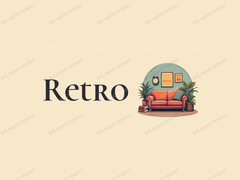 vintage design features a retro sofa, a vintage clock, and old books, combined with retro posters, all set against a clean background.