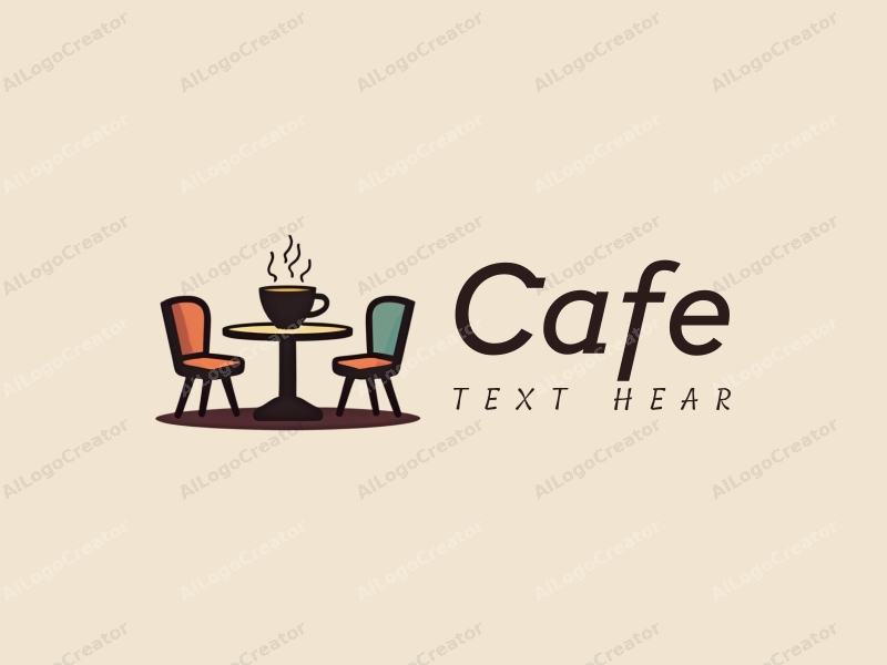 vintage design features a stylized coffee cup, retro table, and chairs, combined with a clean background.