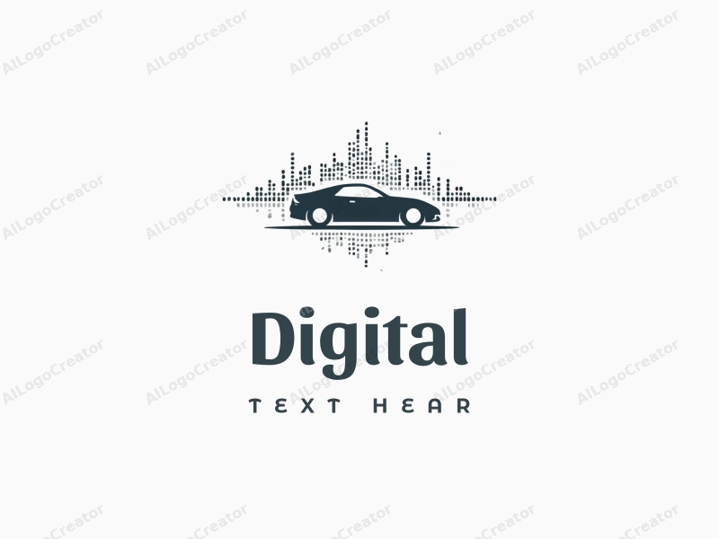 minimalist design features digital elements, a stylized car silhouette, and sound waves combined with a clean background.