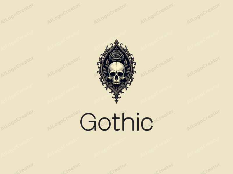 Gothic design features intricate Gothic architecture, stylized Gothic fashion elements, a black rose intertwined with a skull, combined with a clean background.