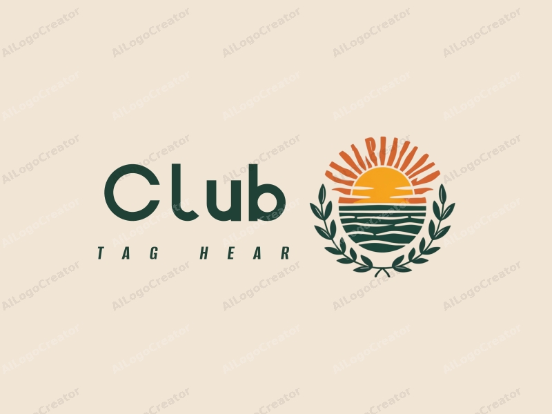 a modern design featuring a stylized club and social elements, with a sunset backdrop and olive branches, combined with a clean and simple composition.