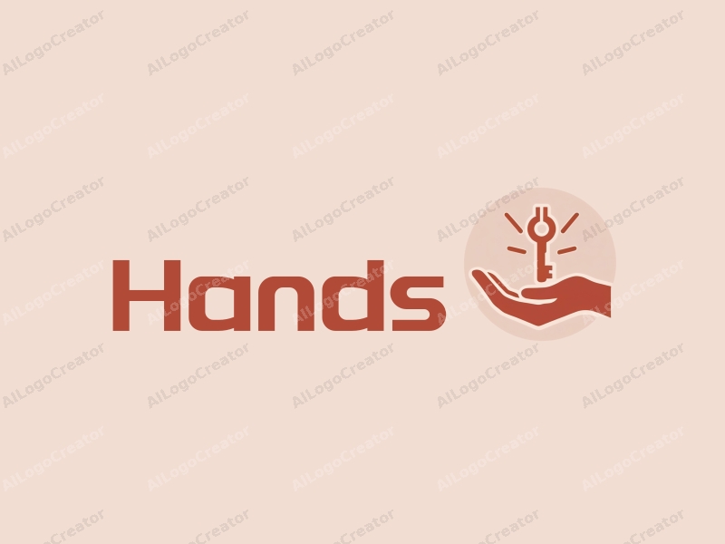 a modern design featuring a hand holding a key, with a palm element, using skin tone colors, combined with a clean and simple background.