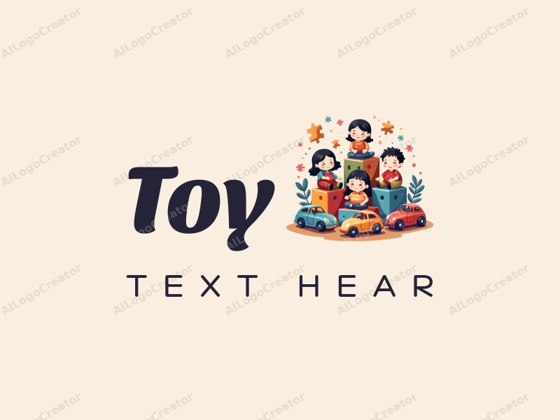 playful design features a vibrant arrangement of dolls, puzzles, toy cars, and building blocks, combined with a clean background and a whimsical approach.