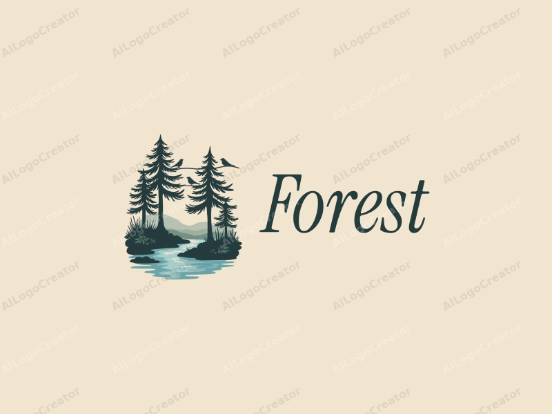 vintage design features a serene forest landscape with stylized trees, small birds perched on branches, and a flowing stream, combined with a clean background.