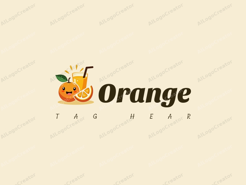 playful design features a stylized orange and juice, a cheerful sun, and a smiling face, combined with a clean background.