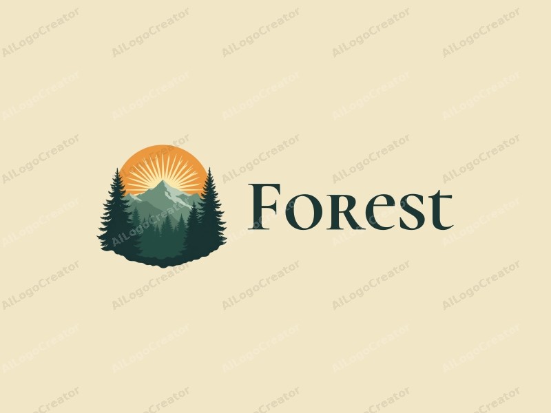 vintage design features stylized trees and mountains, with rays of sunlight filtering through a lush forest, combined with a clean background.