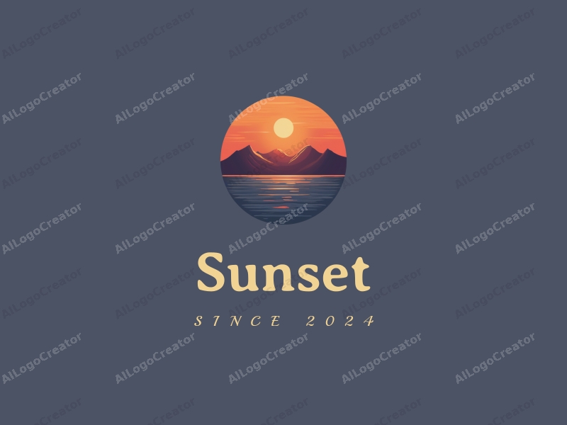 vintage design features a stylized sunset over the ocean with mountains in the background, incorporating warm orange and purple hues, combined with a clean and harmonious layout.