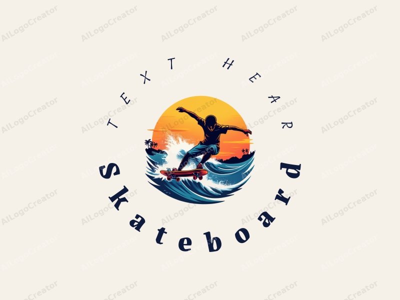 playful design features a vibrant skateboard, a dynamic skateboarder in action, and flowing waves, combined with a clean background.