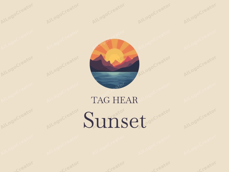 vintage design features a stylized sunset over the ocean with mountains in the background, incorporating warm orange and purple hues, combined with a clean and harmonious layout.