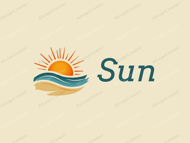 natural design features a stylized sun with rays, gentle waves, and a sandy beach, combined with a clean background.