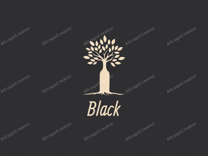 minimalist design features a stylized oak tree and a sleek wine bottle, set against a black background, creating a harmonious and clean composition.