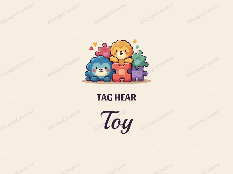 playful design features colorful plush toys and puzzle pieces, combined with a whimsical approach and a clean background.