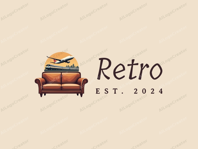 vintage design features a retro sofa and a retro poster, combined with stylized silhouettes of an airplane and a high-speed train, set against a clean background.