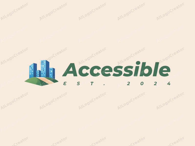 modern design features accessibility elements like ramps and stairs, combined with a clean background in blue and green colors, emphasizing inclusivity and urban planning.