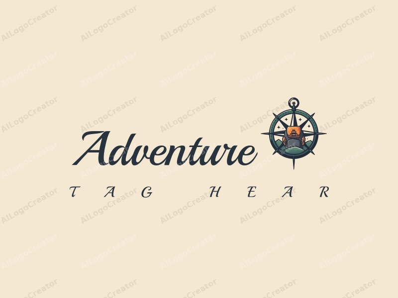 playful design features a stylized compass and backpack, symbolizing adventure and exploration, combined with a clean background.