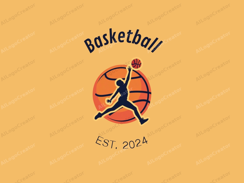 playful design features a dynamic silhouette of an athlete jumping with a basketball, set against a stylized basketball court background, emphasizing movement and energy with a clean and simple composition.