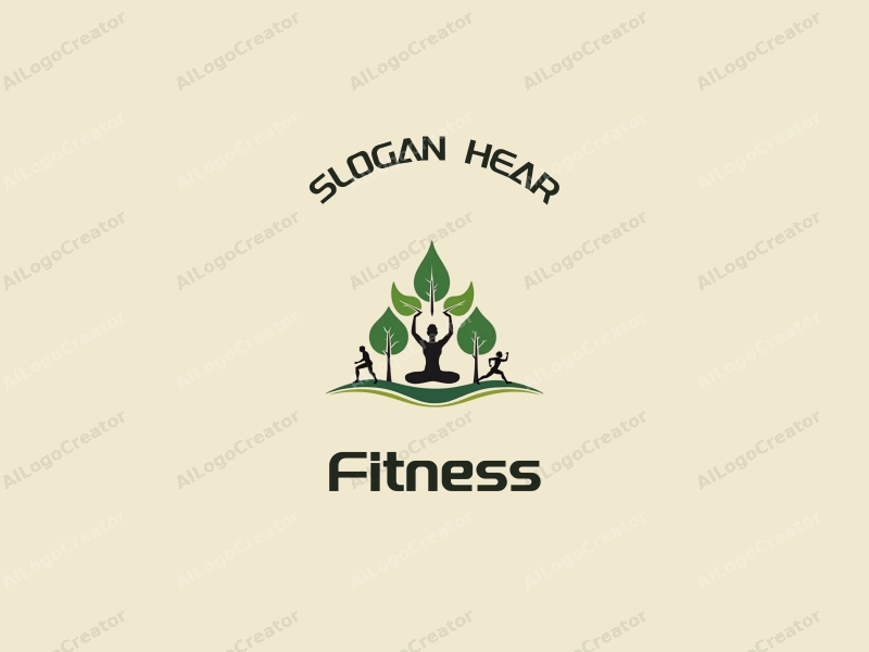 modern design features fitness elements like dumbbells and yoga poses, combined with stylized trees, creating a harmonious and clean composition.