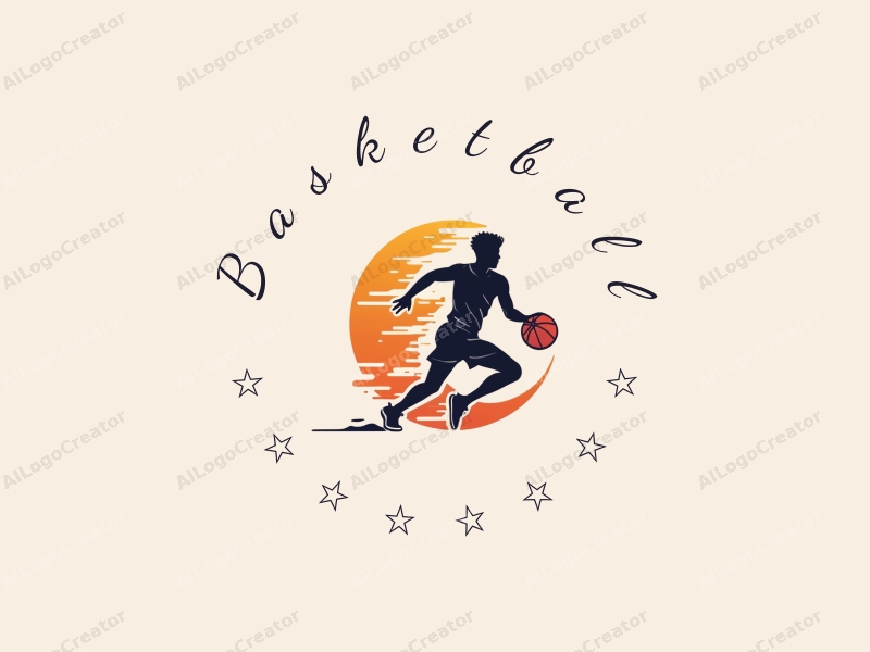 playful design features a dynamic basketball silhouette, an energetic athlete in motion, and a competitive spirit combined with a clean background.