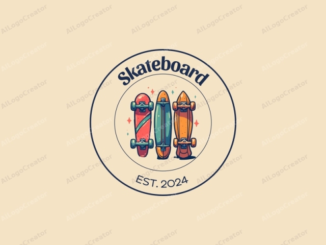 fröhliche Design-Elemente mit leuchtenden Skateboards, stilisierten Scootern und Surfbrettern, kombiniert mit einem sauberen Hintergrund und einer lustigen, energetischen Komposition.