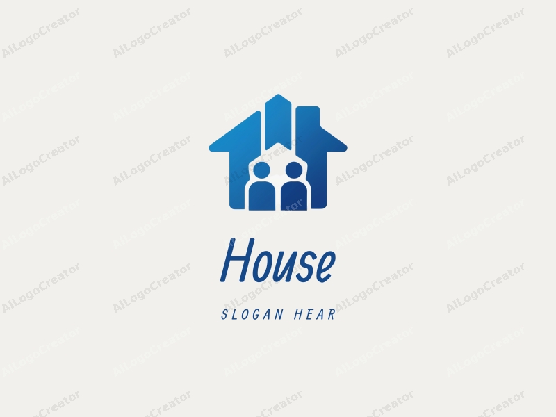 modern design features a stylized house and building silhouette, integrated with abstract representations of people, using a clean blue color palette and a harmonious composition.