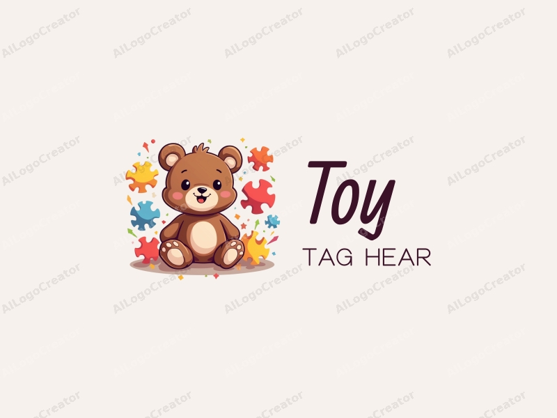 playful design features a cute teddy bear surrounded by colorful puzzle pieces, incorporating a whimsical approach combined with a clean background.