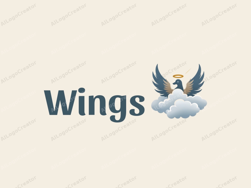 a dreamy design featuring stylized wings and an angel silhouette soaring among fluffy clouds, incorporating a modern aesthetic with a clean background in white, blue, and gold tones.