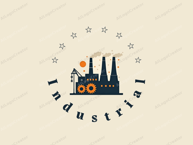 modern design features a stylized factory silhouette, interlocking gears, and a crane, combined with a clean background.