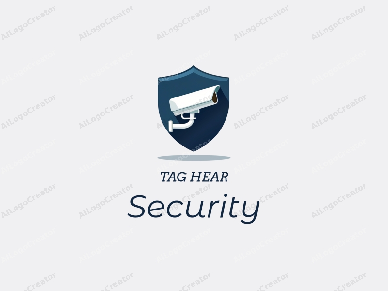 modern design features a stylized shield and surveillance camera, combined with a clean background and a focus on security elements.